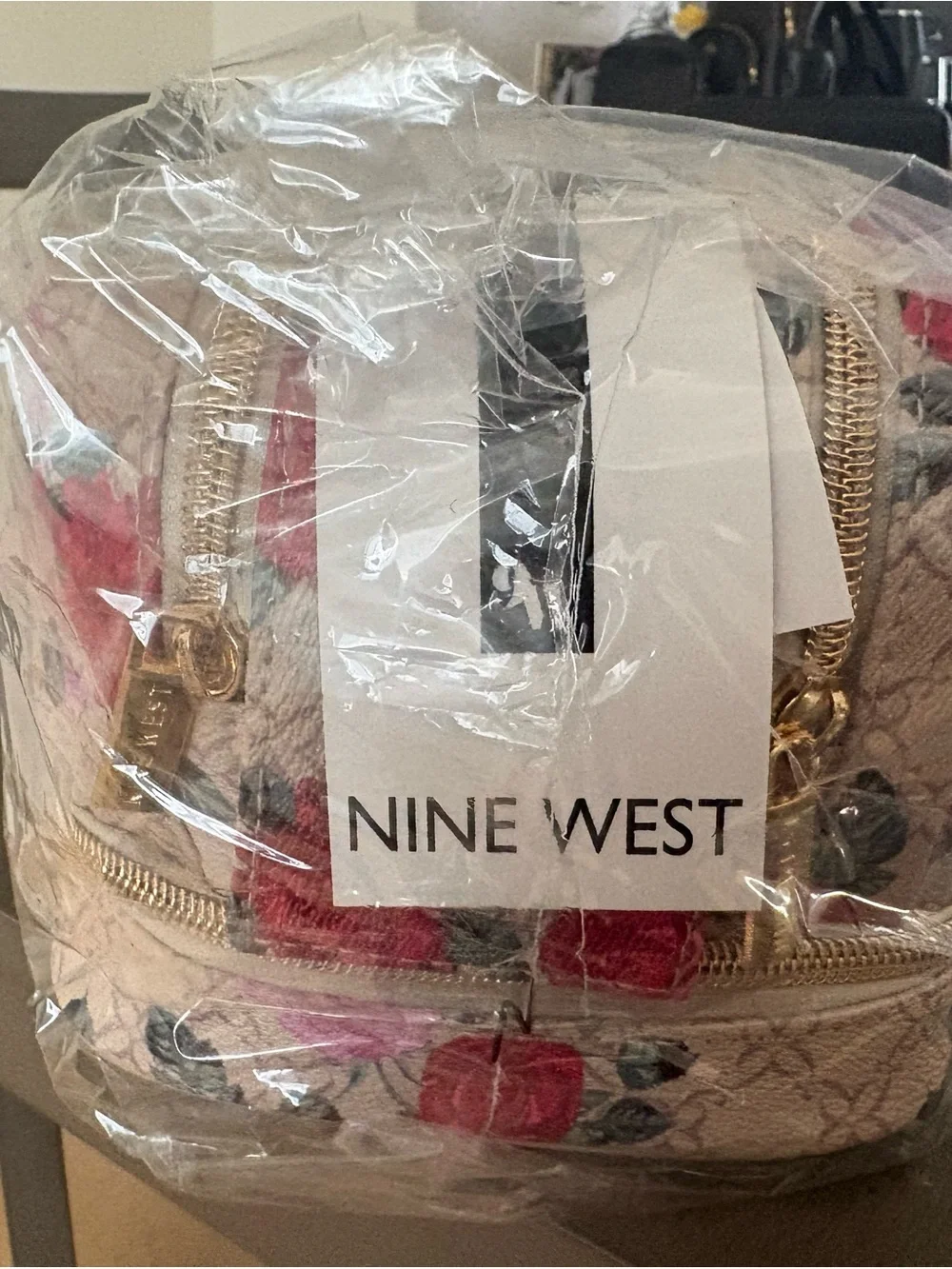 Nine West Pink and Beige Floral Cosmetic Pouch with Gold Hardware